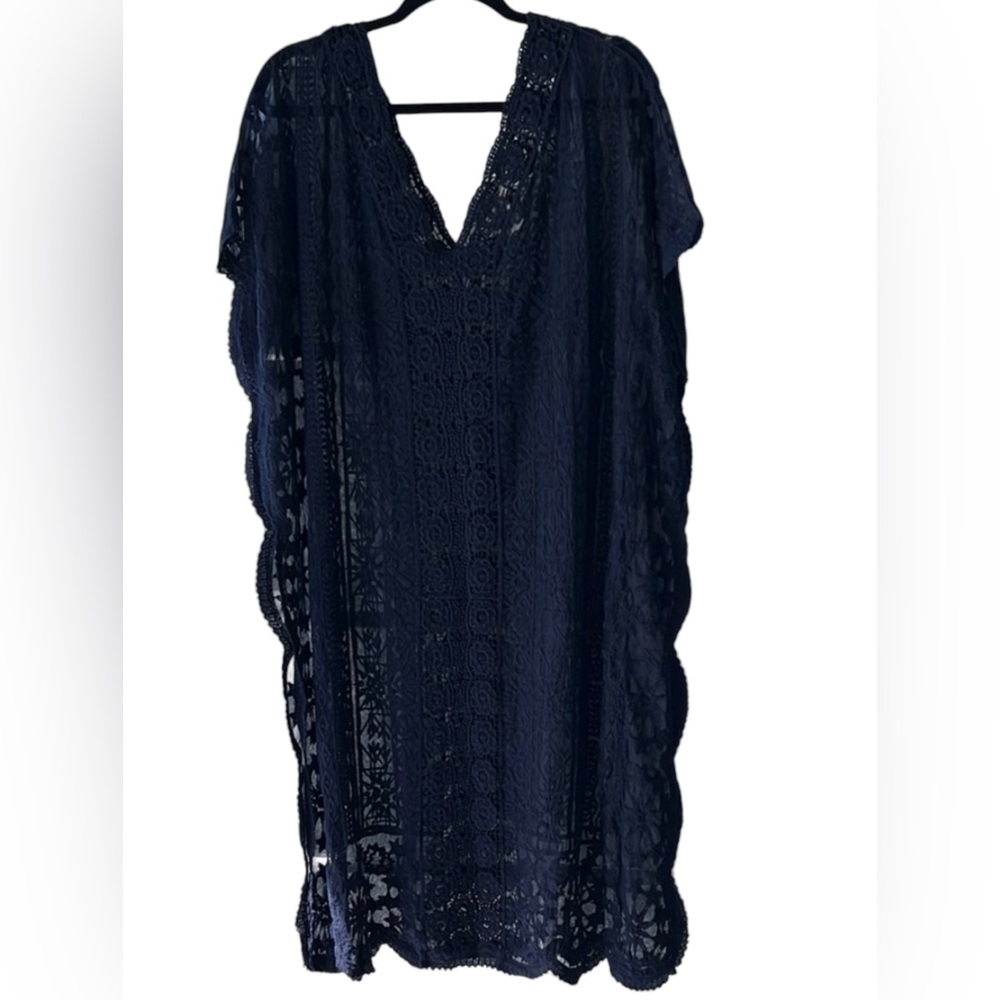 Indigo Thread Co. Embroidered Mesh & Lace Scalloped Edge V-Neck Cover-up Sm EUC